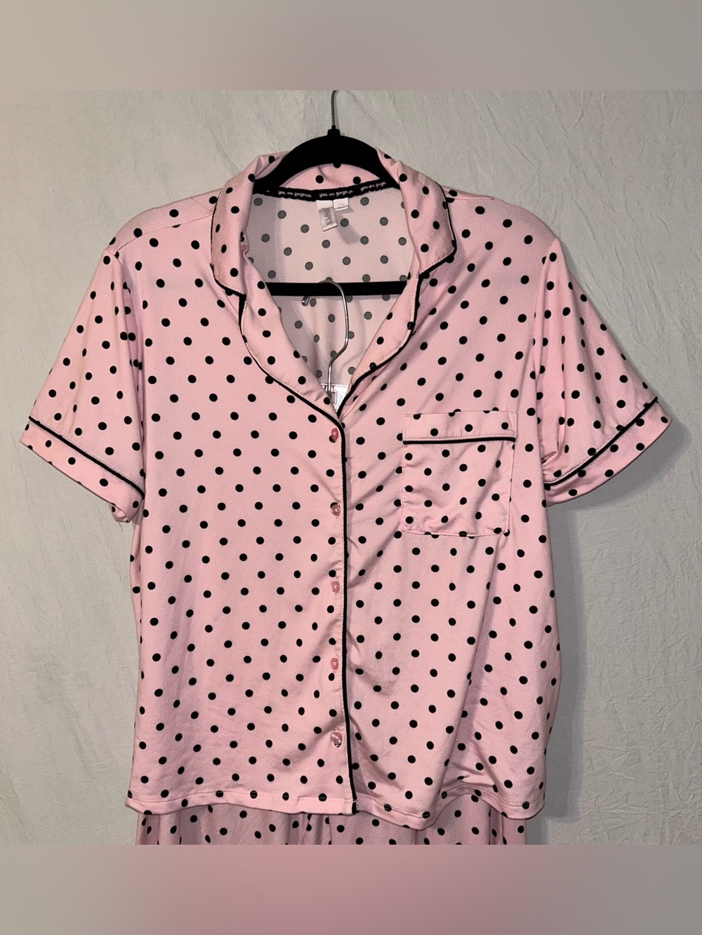 Joy Spun Pink Polka Dot Pajama Set with Contrast Trim Large Capri Length Pockets - Picture 2 of 7